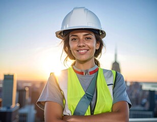 Confident female architect smiles proudly wearing hard hat with city skyline at sunset