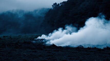 The vast expanse of pitch-black land, from which white smoke rises, creates a strong atmosphere of mystery and intrigue, suitable for visual storytelling or art installation design.