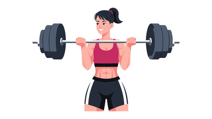 Fototapeta premium Woman lifting barbell: A strong woman is lifting barbell in the fitness center, demonstrating dedication to health and fitness and achieving personal growth. 