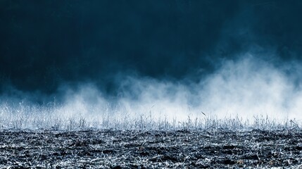 The vast expanse of pitch-black land, from which white smoke rises, creates a strong atmosphere of mystery and intrigue, suitable for visual storytelling or art installation design.