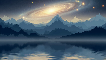 Serene mountain landscape under a swirling galaxy and starry night sky reflected in calm water