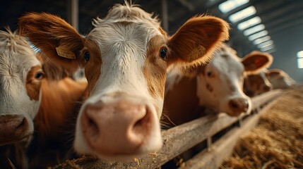 Curious cows with brown and white markings gather at the fence line inside a well lit agricultural barn.