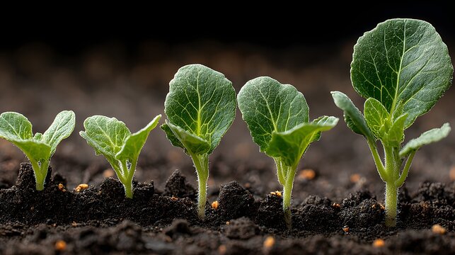 Five small seedlings are growing consecutively from left to right in fertile soil against a dark background.