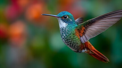 A colorful hummingbird gracefully hovers with outstretched wings against a vibrant floral background scene.