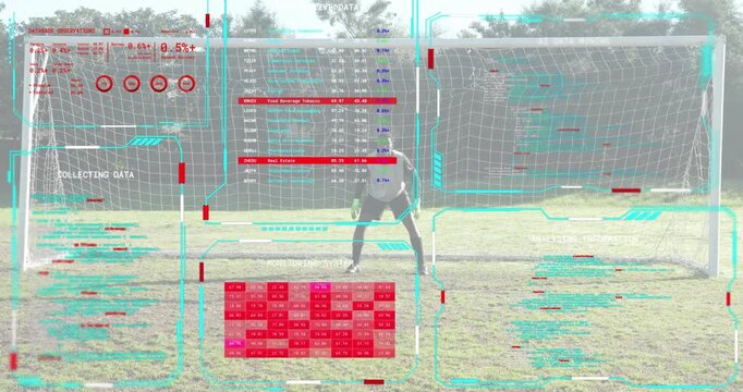 Shooter sprinting shooting into goal while goalkeeper diving missing shot with finance data overlay