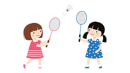 Childhood Badminton Play: Two young girls engage in a spirited game of badminton. The scene encapsulates the joy and energy of childhood, with the dynamic interaction between the players.