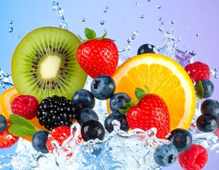 Fresh fruits in water splashes