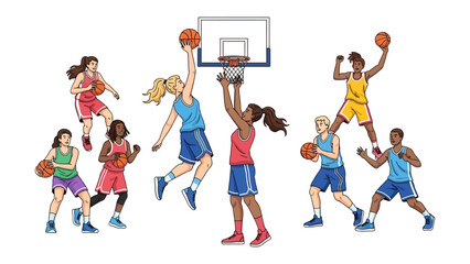Basketball Action: A dynamic illustration captures the heart-pounding thrill of basketball. The scene is filled with energy and teamwork. showcasing the strength and passion of the sport.