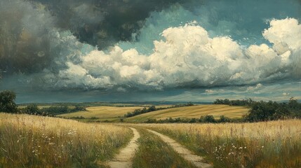 Obraz premium Rural landscape, dramatic sky, path, countryside, summer