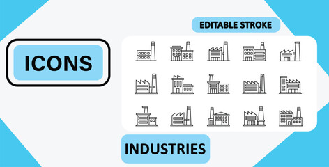 Fifteen industrial building icons set isolated on white background