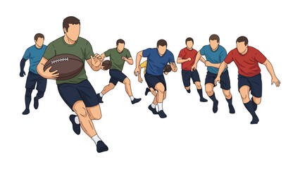 Rugby Players in Action: A dynamic illustration captures the essence of a rugby match, with determined players sprinting across the field, the focus on teamwork, athleticism.