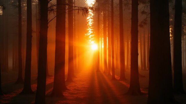The sun shines through the trees in the forest. beautiful sunset