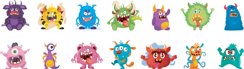 Fun Monster Characters Icons and Vector Bundle Set perfect for games, illustrations, and creative projects.