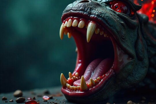 Close-up of a ravenous, gaping maw, symbolizing insatiable greed and hunger; a visceral representation of unchecked desire for more , consumption, avarice