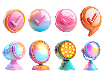 Colorful 3D Icons of Checkmarks, Speech Bubbles, and Spotlight in Pastel