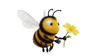 Cute 3D cartoon bee flying and holding a yellow flower, isolated on white background, spring and nature illustration