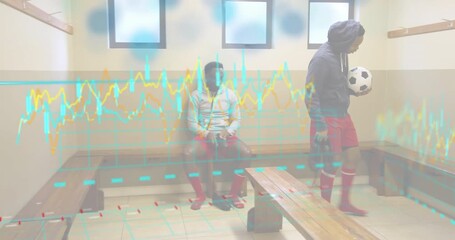 Soccer teammates entering locker room and removing cleats with floating stats guiding departure