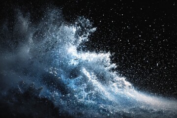 Splashing blue water on black frozen white particles rain and snow texture