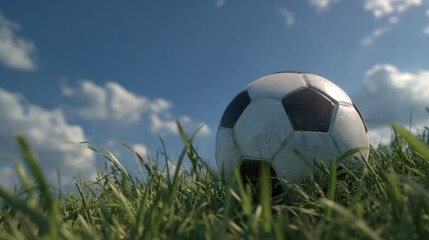 Fototapeta premium Soccer ball on grassy field under a partly cloudy sky