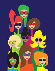 Beautiful girls team portrait on bright background. Vector illustration.