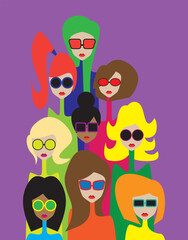 Beautiful girls team portrait on bright background. Vector illustration. 