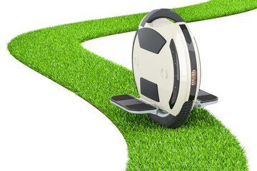 Electric unicycle on green grass way, transparent background © MHT Visuals