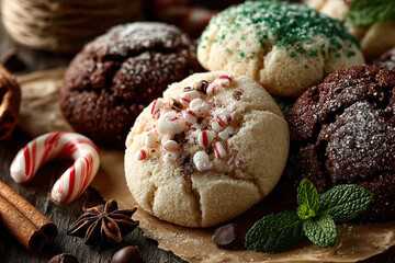 Assorted festive cookies with peppermint, chocolate, and sugar toppings on parchment paper, surrounded by candy canes and spices