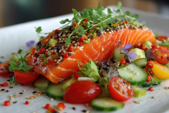 Spicy raw salmon salad Fusion cuisine