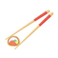 Chopsticks icon with roll on white background. Asian food. Rolls and sushi.