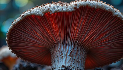 A detailed close-up view of a mushroom's intricate gills, showcasing their radiant, reddish-brown hues and textures.