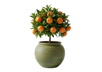 A vibrant, miniature orange tree, laden with ripe citrus fruit, sits in a textured, muted olive-green pot against a striking black background.