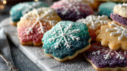 Colorful snowflake cookies with sugar icing on marble board, creating festive and cheerful atmosphere