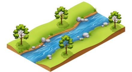 serene river landscape isometric view of tranquil flowing water, lush greenery, and majestic trees, isolated on transparent background