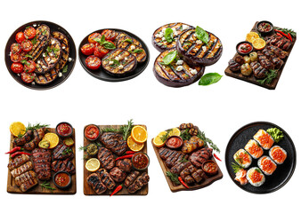 Assorted Grilled Meat Dishes with Vegetables and Fresh Garnishes