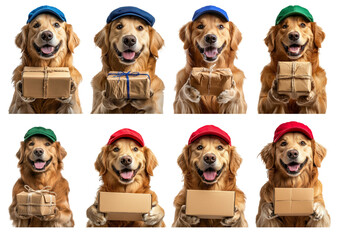 Golden Retriever Dog Holding Gift Boxes with Colorful Caps for Delivery