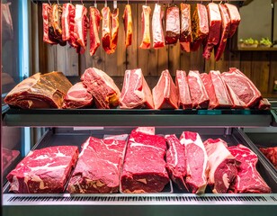 Fresh meat display in a refrigerated case