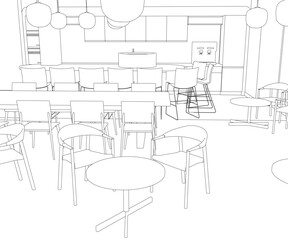 A minimalist black and white line drawing of a restaurant kitchen area with tables, chairs, and cupboards in clean contour style.