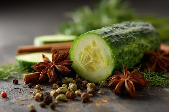 Spiced raw cucumber on wood surface with shallow depth of field