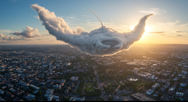 manta ray cloud city sunset background, surreal sky creature wallpaper, imaginative urban atmosphere backdrop
