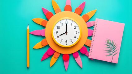 Bright sun clock with pencil and pink notebook on teal background