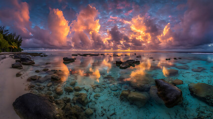 Dramatic sunset colors reflect in the calm, shallow turquoise lagoon with visible rocks and a sandy beach