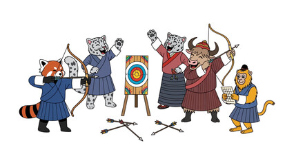 Animal Archery Competition: In this scene, a group of anthropomorphic animal are engaged in an archery competition with a target at the center, the illustration is colorful and inviting.