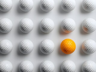 Fototapeta premium top view of multiple white golf balls arranged in neat rows across a bright white background with one orange golf ball placed among them symbolizing individuality creativity and sporting precision