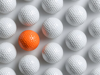 top view of multiple white golf balls arranged in neat rows across a bright white background with one orange golf ball placed among them symbolizing individuality creativity and sporting precision