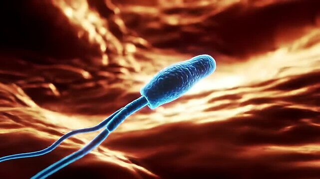 Detailed microscopic illustration of a rod-shaped bacterium with a flagellum, showing its structure.