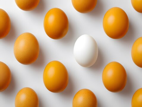 top view multiple orange chicken eggs carefully arranged in rows across a bright white background with one half hard boiled duck egg showing yellow yolk highlighting nutrition freshness and farm food