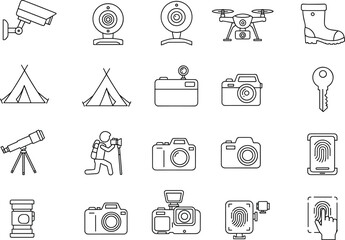 Outline icons of surveillance cameras, webcams, drone, boots, tents, cameras, telescope, photographer, fingerprint scanners, key, and fingerprint access technology.