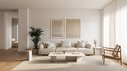 Minimalist living room with neutral sofa and soft daylight 

