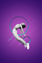Composite sketch design artwork photo collage of dynamic motivation healthcare warmup fitness exercise hobby sporty young woman jump fly