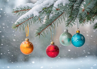 Spruce branch decorated with Christmas balls